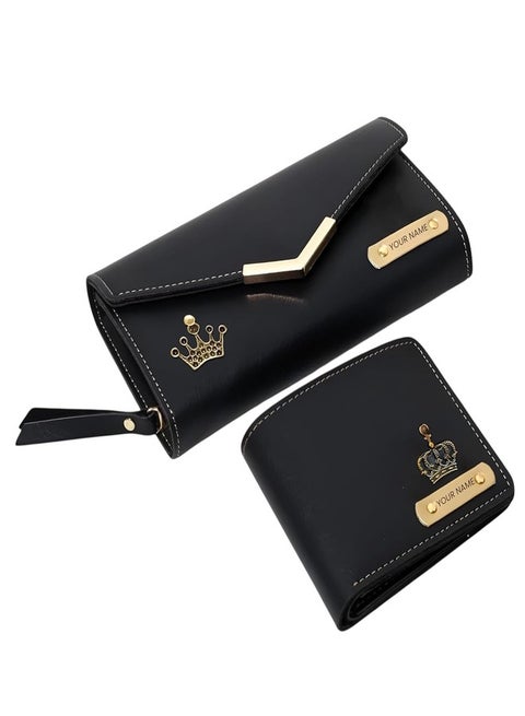 Morons Personalized Name with Charm Couple Wallet for Men & Women Combo Gift Set - Marriage, Wedding, Anniversary Gift for Couples Friend Husband Wife [2pcs] (Black)